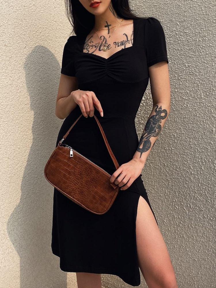 Style Core Aesthetics, New Style Trends - Dark Academia Leg Split Midi Dress Style Core Aesthetics, New Style Trends - Dark Academia Leg Split Midi Dress