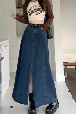 Style Core Aesthetics, New Style Trends - Denim Slit Frayed Hem Maxi Skirt