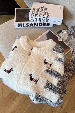 Style Core Aesthetics, New Style Trends - Dog Embroidered Double Zip-Up Knitted Cardigan