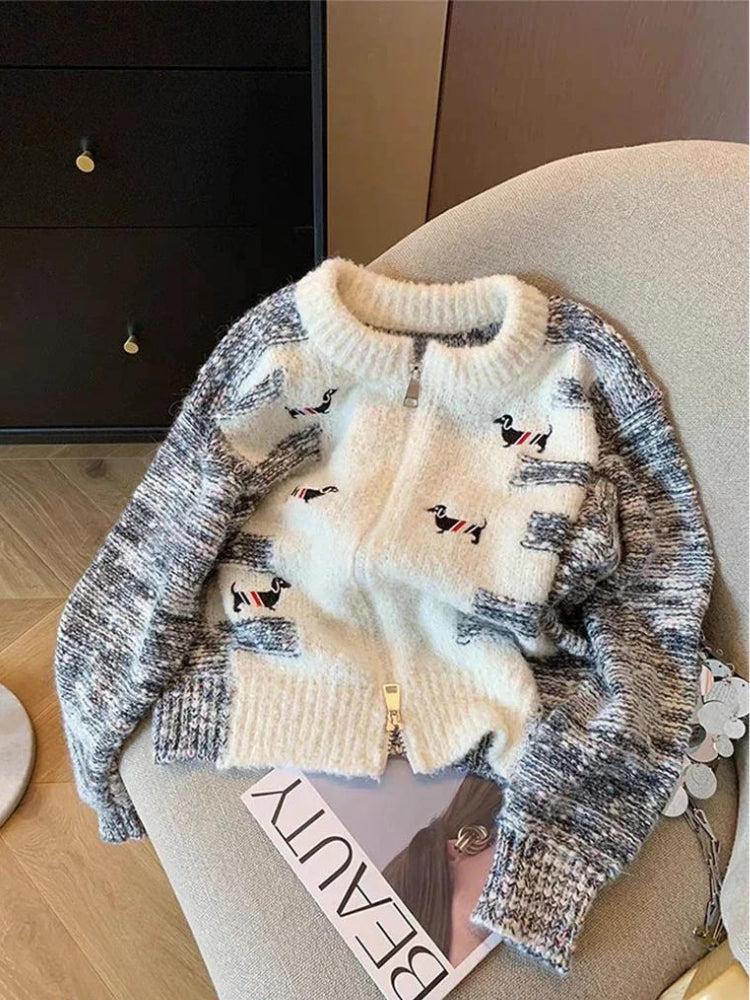 Style Core Aesthetics, New Style Trends - Dog Embroidered Double Zip-Up Knitted Cardigan Style Core Aesthetics, New Style Trends - Dog Embroidered Double Zip-Up Knitted Cardigan