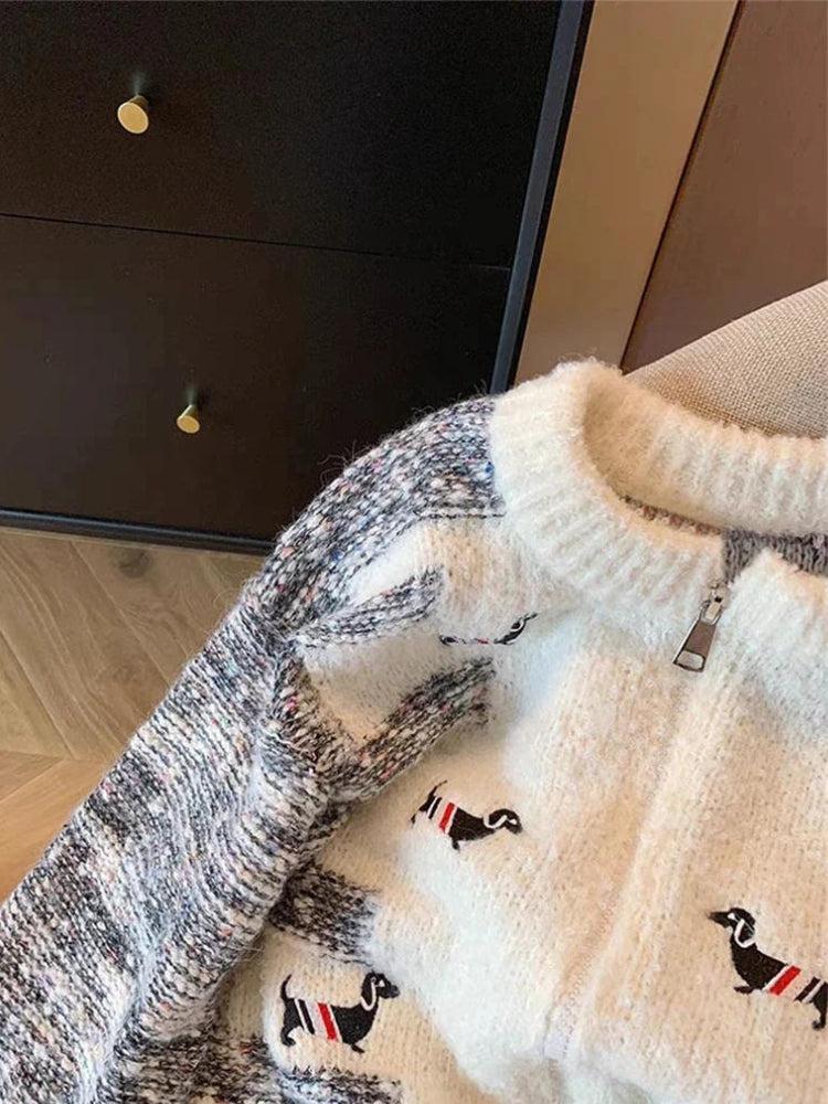 Style Core Aesthetics, New Style Trends - Dog Embroidered Double Zip-Up Knitted Cardigan Style Core Aesthetics, New Style Trends - Dog Embroidered Double Zip-Up Knitted Cardigan