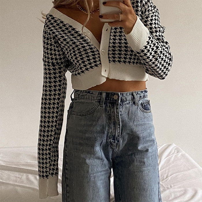 Style Core Aesthetics, New Style Trends - Dogtooth Check Crop Cardigan Style Core Aesthetics, New Style Trends - Dogtooth Check Crop Cardigan