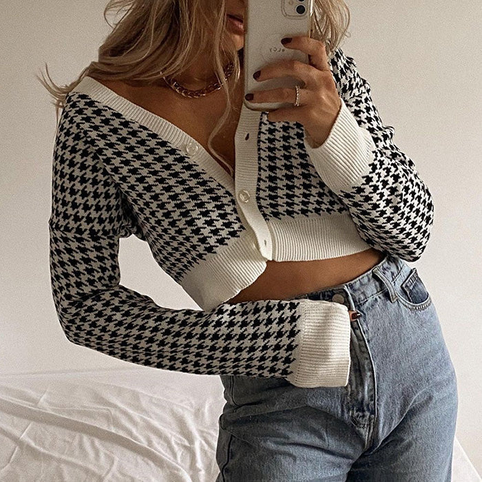 Style Core Aesthetics, New Style Trends - Dogtooth Check Crop Cardigan Style Core Aesthetics, New Style Trends - Dogtooth Check Crop Cardigan