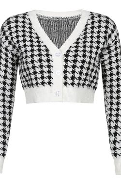 Style Core Aesthetics, New Style Trends - Dogtooth Check Crop Cardigan
