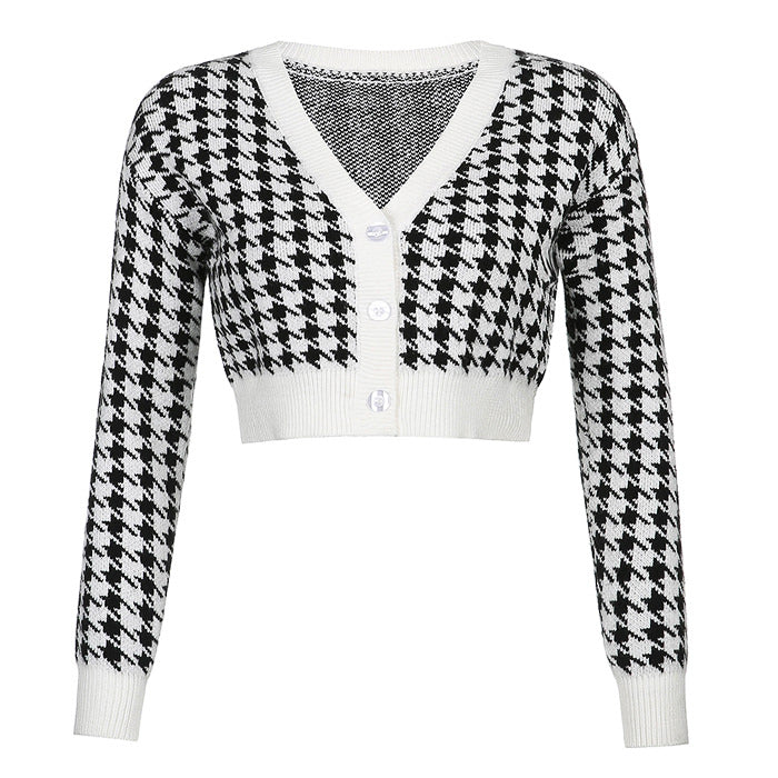 Style Core Aesthetics, New Style Trends - Dogtooth Check Crop Cardigan Style Core Aesthetics, New Style Trends - Dogtooth Check Crop Cardigan