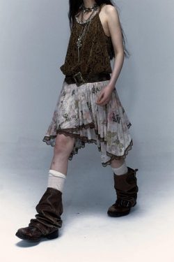 Style Core Aesthetics, New Style Trends - Fairy Grunge Floral Asymmetric Midi Skirt