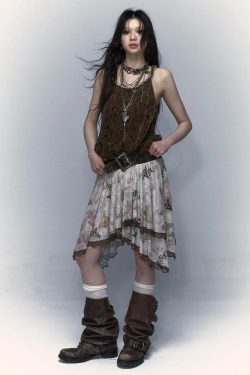 Style Core Aesthetics, New Style Trends - Fairy Grunge Floral Asymmetric Midi Skirt