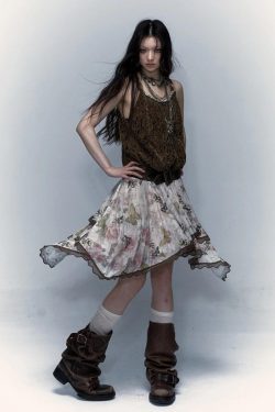 Style Core Aesthetics, New Style Trends - Fairy Grunge Floral Asymmetric Midi Skirt