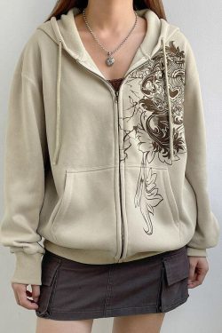 Style Core Aesthetics, New Style Trends - Fairy Grunge Floral Zip-Up Hoodie
