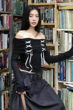 Style Core Aesthetics, New Style Trends - Fairy Grunge Off Shoulder Lace Up Top