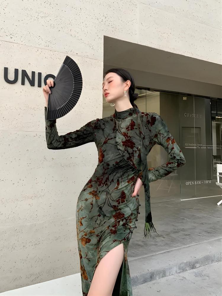 Style Core Aesthetics, New Style Trends - Fairycore Floral Slit Qipao Mini Dress Style Core Aesthetics, New Style Trends - Fairycore Floral Slit Qipao Mini Dress