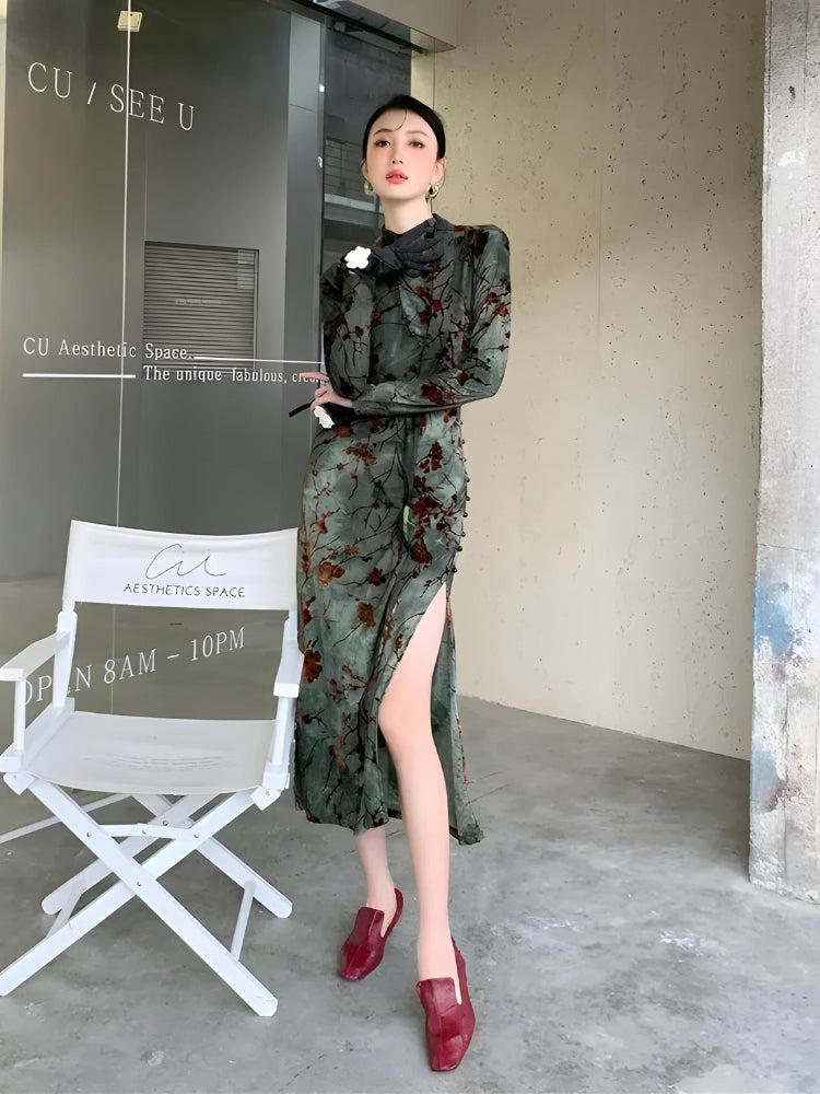 Style Core Aesthetics, New Style Trends - Fairycore Floral Slit Qipao Mini Dress Style Core Aesthetics, New Style Trends - Fairycore Floral Slit Qipao Mini Dress