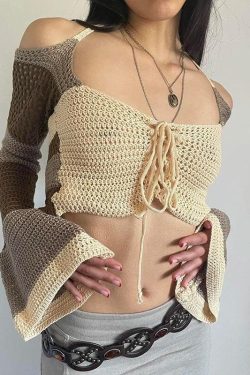 Style Core Aesthetics, New Style Trends - Flared Sleeve Crop Crochet Sweater