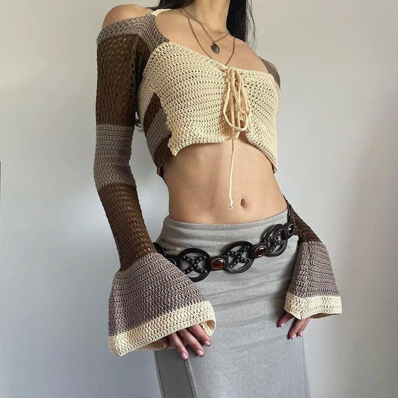 Style Core Aesthetics, New Style Trends - Flared Sleeve Crop Crochet Sweater Style Core Aesthetics, New Style Trends - Flared Sleeve Crop Crochet Sweater