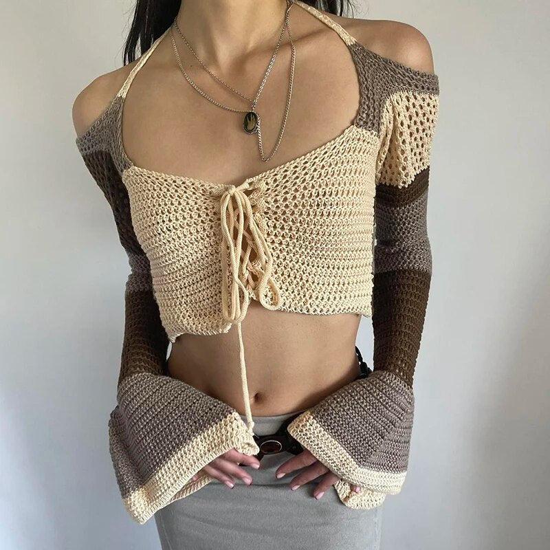 Style Core Aesthetics, New Style Trends - Flared Sleeve Crop Crochet Sweater Style Core Aesthetics, New Style Trends - Flared Sleeve Crop Crochet Sweater