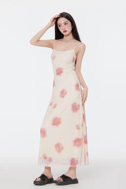 Style Core Aesthetics, New Style Trends - Floral Mesh Spaghetti Strap Maxi Dress