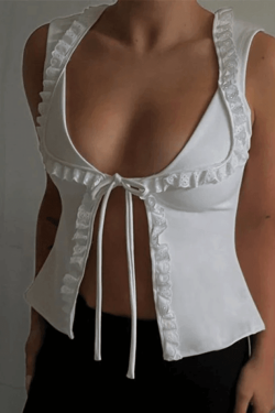 Style Core Aesthetics, New Style Trends - Frill Trim Lace Up White Tank Top