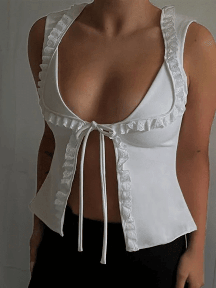 Style Core Aesthetics, New Style Trends - Frill Trim Lace Up White Tank Top Style Core Aesthetics, New Style Trends - Frill Trim Lace Up White Tank Top