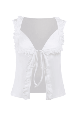 Style Core Aesthetics, New Style Trends - Frill Trim Lace Up White Tank Top