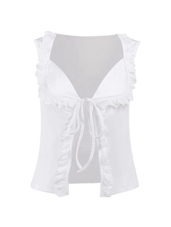 Style Core Aesthetics, New Style Trends - Frill Trim Lace Up White Tank Top Style Core Aesthetics, New Style Trends - Frill Trim Lace Up White Tank Top