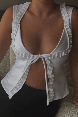 Style Core Aesthetics, New Style Trends - Frill Trim Lace Up White Tank Top
