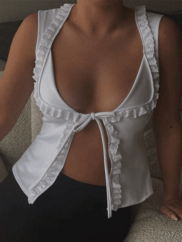 Style Core Aesthetics, New Style Trends - Frill Trim Lace Up White Tank Top Style Core Aesthetics, New Style Trends - Frill Trim Lace Up White Tank Top