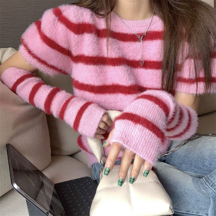 Style Core Aesthetics, New Style Trends - Fuzzy Striped Top + Gloves Set Style Core Aesthetics, New Style Trends - Fuzzy Striped Top + Gloves Set