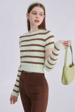 Style Core Aesthetics, New Style Trends - Fuzzy Striped Top + Gloves Set