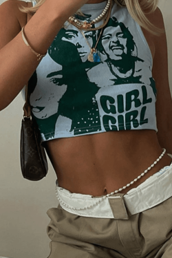 Style Core Aesthetics, New Style Trends - Girl Print Rib Cropped Tank Top
