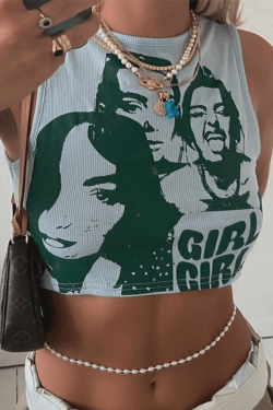 Style Core Aesthetics, New Style Trends - Girl Print Rib Cropped Tank Top