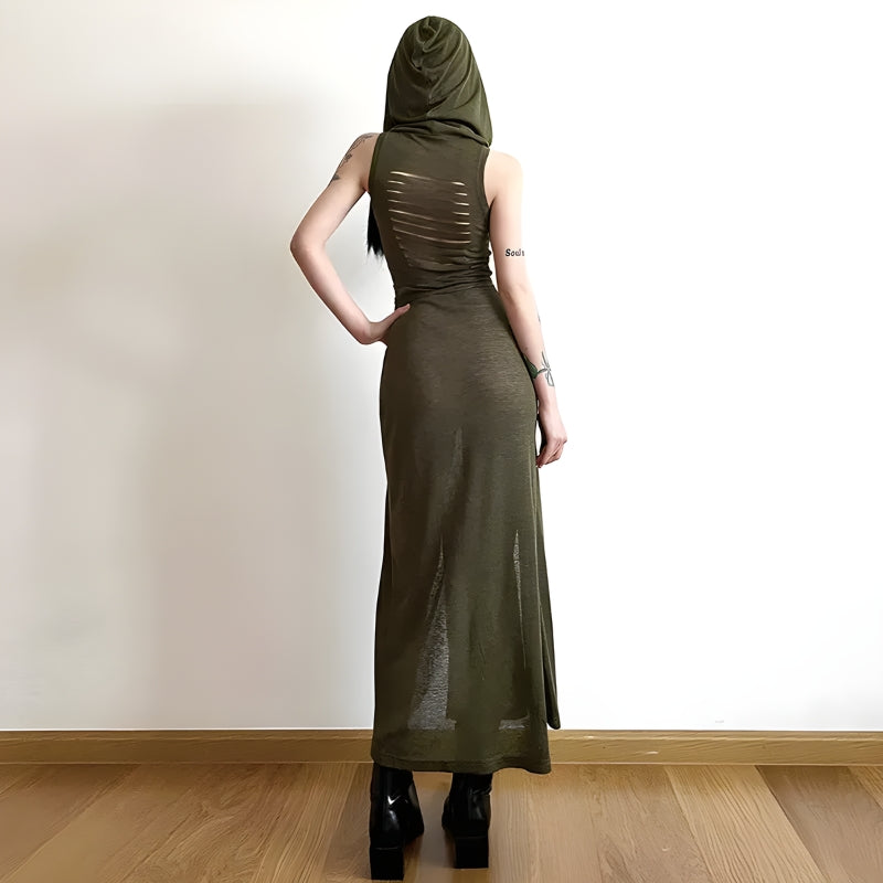 Style Core Aesthetics, New Style Trends - Goth Hooded Cut Out Back Midi Dress Style Core Aesthetics, New Style Trends - Goth Hooded Cut Out Back Midi Dress