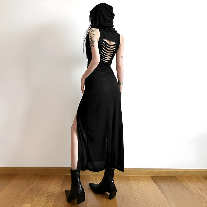 Style Core Aesthetics, New Style Trends - Goth Hooded Cut Out Back Midi Dress Style Core Aesthetics, New Style Trends - Goth Hooded Cut Out Back Midi Dress