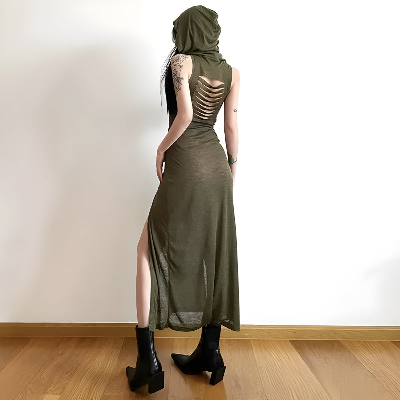 Style Core Aesthetics, New Style Trends - Goth Hooded Cut Out Back Midi Dress Style Core Aesthetics, New Style Trends - Goth Hooded Cut Out Back Midi Dress