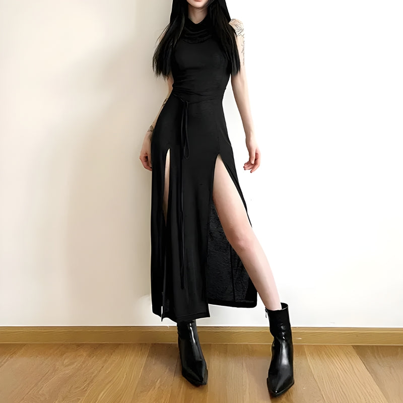 Style Core Aesthetics, New Style Trends - Goth Hooded Cut Out Back Midi Dress Style Core Aesthetics, New Style Trends - Goth Hooded Cut Out Back Midi Dress