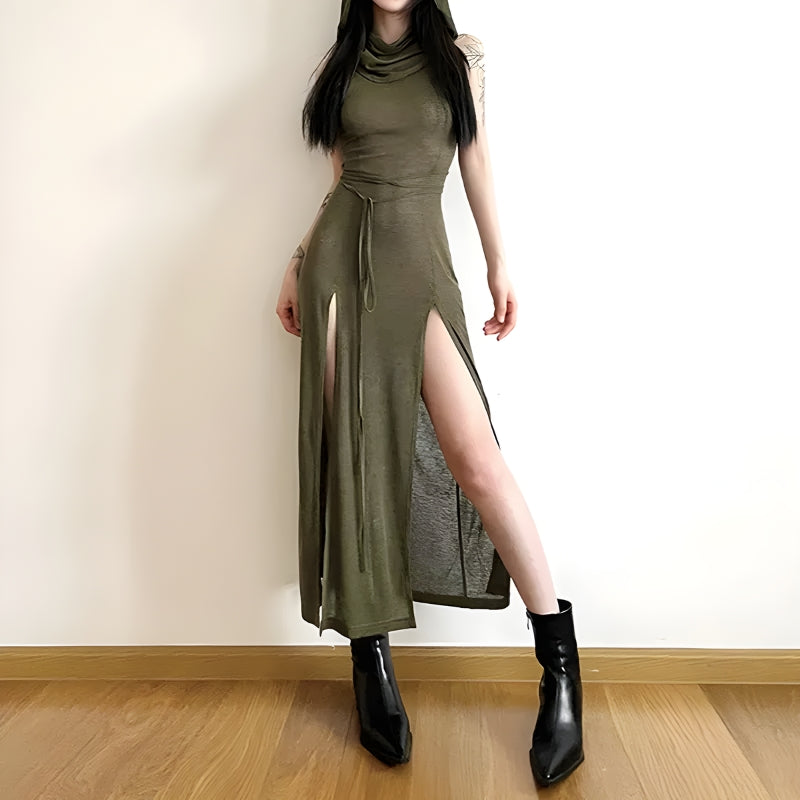 Style Core Aesthetics, New Style Trends - Goth Hooded Cut Out Back Midi Dress Style Core Aesthetics, New Style Trends - Goth Hooded Cut Out Back Midi Dress