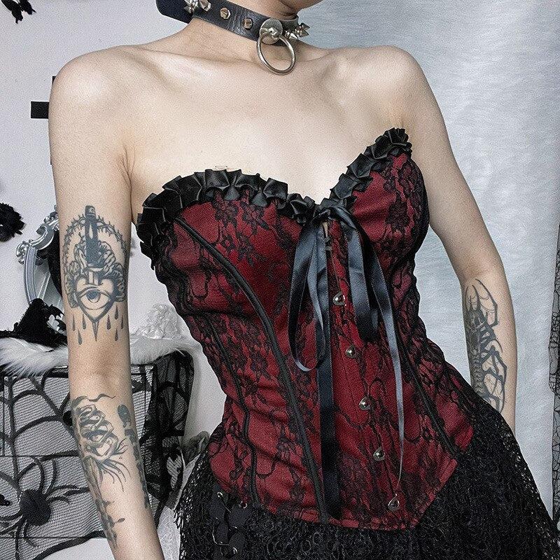 Style Core Aesthetics, New Style Trends - Goth Ribbon Detailed Corset Top Style Core Aesthetics, New Style Trends - Goth Ribbon Detailed Corset Top