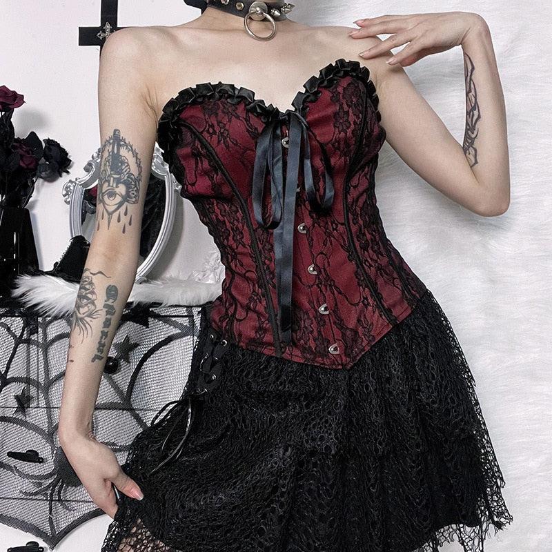 Style Core Aesthetics, New Style Trends - Goth Ribbon Detailed Corset Top Style Core Aesthetics, New Style Trends - Goth Ribbon Detailed Corset Top