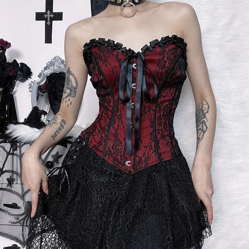 Style Core Aesthetics, New Style Trends - Goth Ribbon Detailed Corset Top Style Core Aesthetics, New Style Trends - Goth Ribbon Detailed Corset Top
