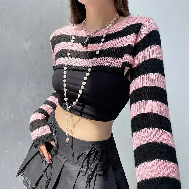 Style Core Aesthetics, New Style Trends - Goth Striped Knitted Shrug Sweater Style Core Aesthetics, New Style Trends - Goth Striped Knitted Shrug Sweater