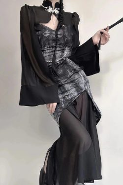 Style Core Aesthetics, New Style Trends - Goth Wide Sleeve Qipao Midi Dress