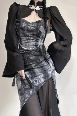 Style Core Aesthetics, New Style Trends - Goth Wide Sleeve Qipao Midi Dress