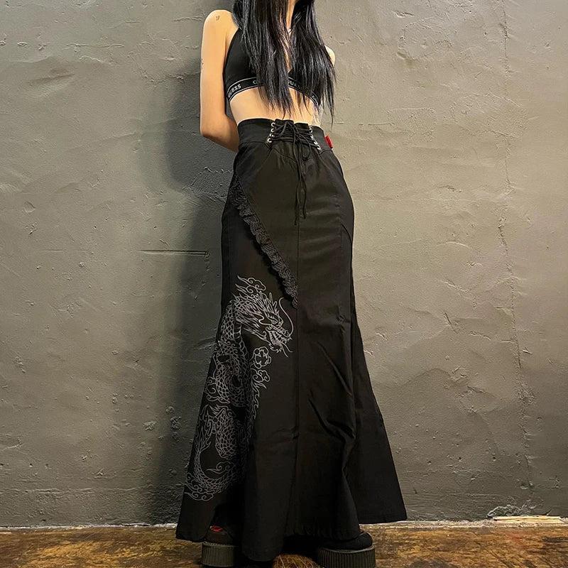 Style Core Aesthetics, New Style Trends - Gothic Dragon Printed Midi Skirt Style Core Aesthetics, New Style Trends - Gothic Dragon Printed Midi Skirt