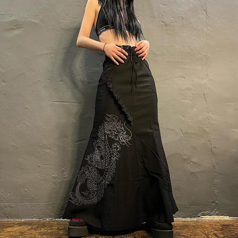 Style Core Aesthetics, New Style Trends - Gothic Dragon Printed Midi Skirt Style Core Aesthetics, New Style Trends - Gothic Dragon Printed Midi Skirt