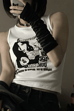 Style Core Aesthetics, New Style Trends - Gothic Punk Printed Rib Crop Tank Top