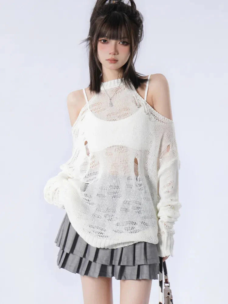 Style Core Aesthetics, New Style Trends - Grunge Distressed Cut-Out Fine Knitted Sweater Style Core Aesthetics, New Style Trends - Grunge Distressed Cut-Out Fine Knitted Sweater