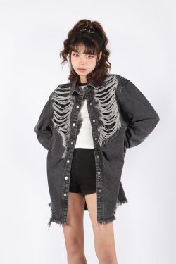 Style Core Aesthetics, New Style Trends - Grunge Distressed Long Denim Jacket