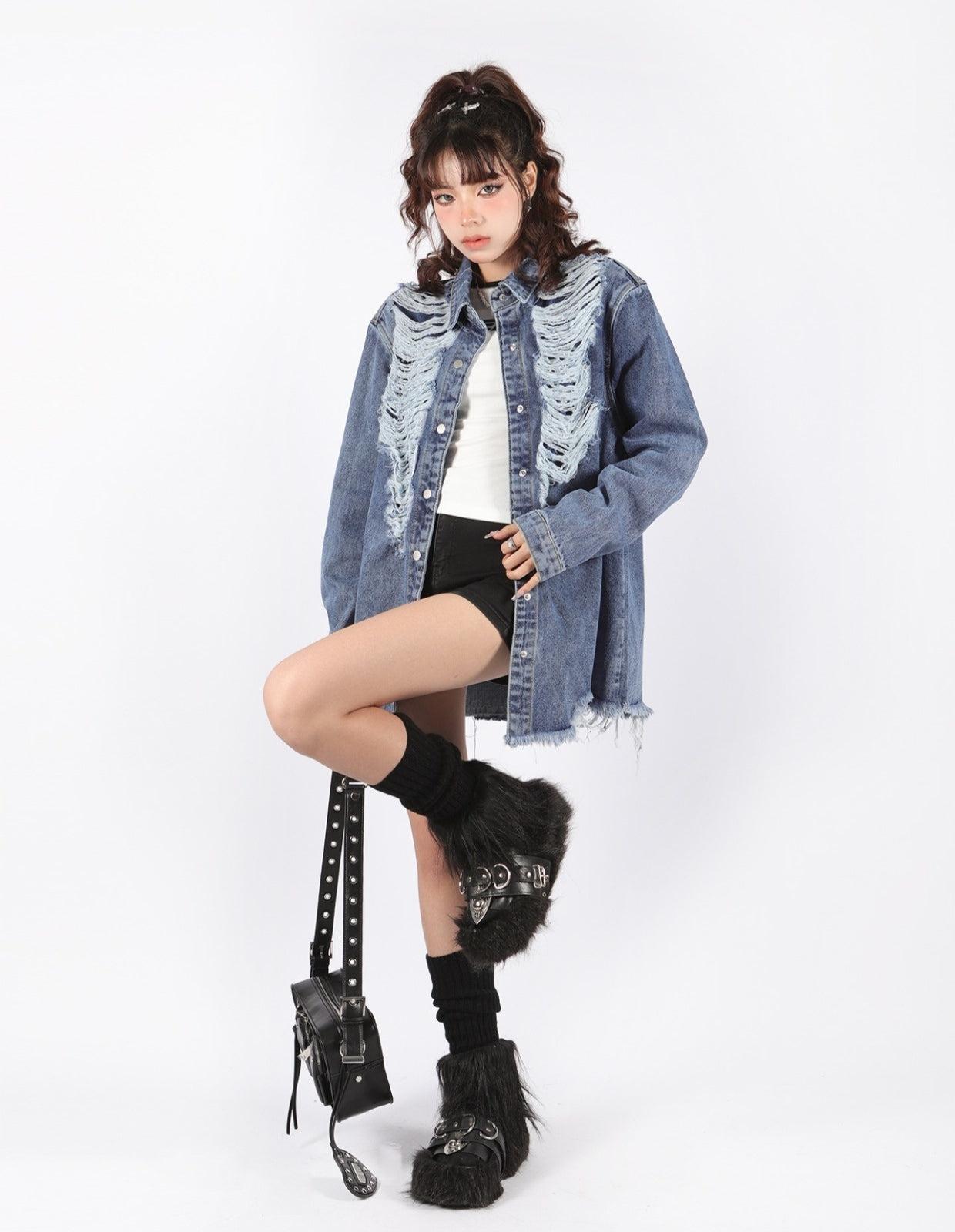 Style Core Aesthetics, New Style Trends - Grunge Distressed Long Denim Jacket Style Core Aesthetics, New Style Trends - Grunge Distressed Long Denim Jacket