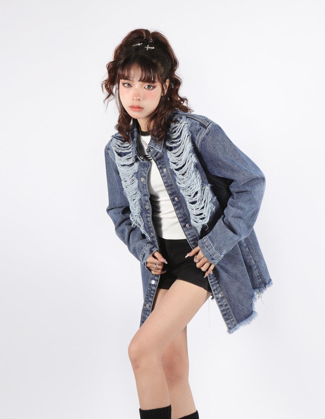 Style Core Aesthetics, New Style Trends - Grunge Distressed Long Denim Jacket Style Core Aesthetics, New Style Trends - Grunge Distressed Long Denim Jacket