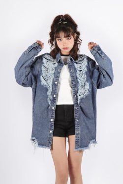 Style Core Aesthetics, New Style Trends - Grunge Distressed Long Denim Jacket