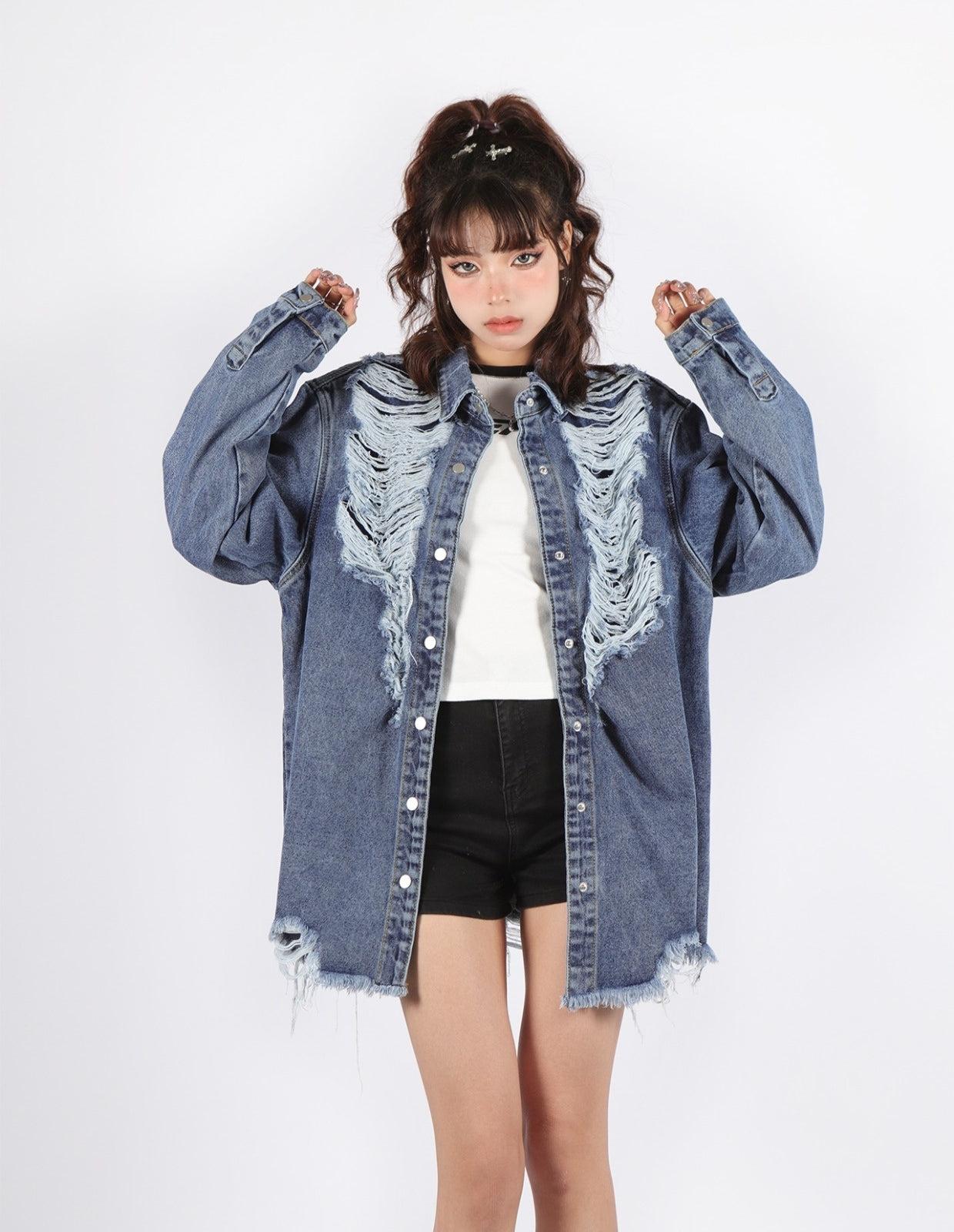 Style Core Aesthetics, New Style Trends - Grunge Distressed Long Denim Jacket Style Core Aesthetics, New Style Trends - Grunge Distressed Long Denim Jacket